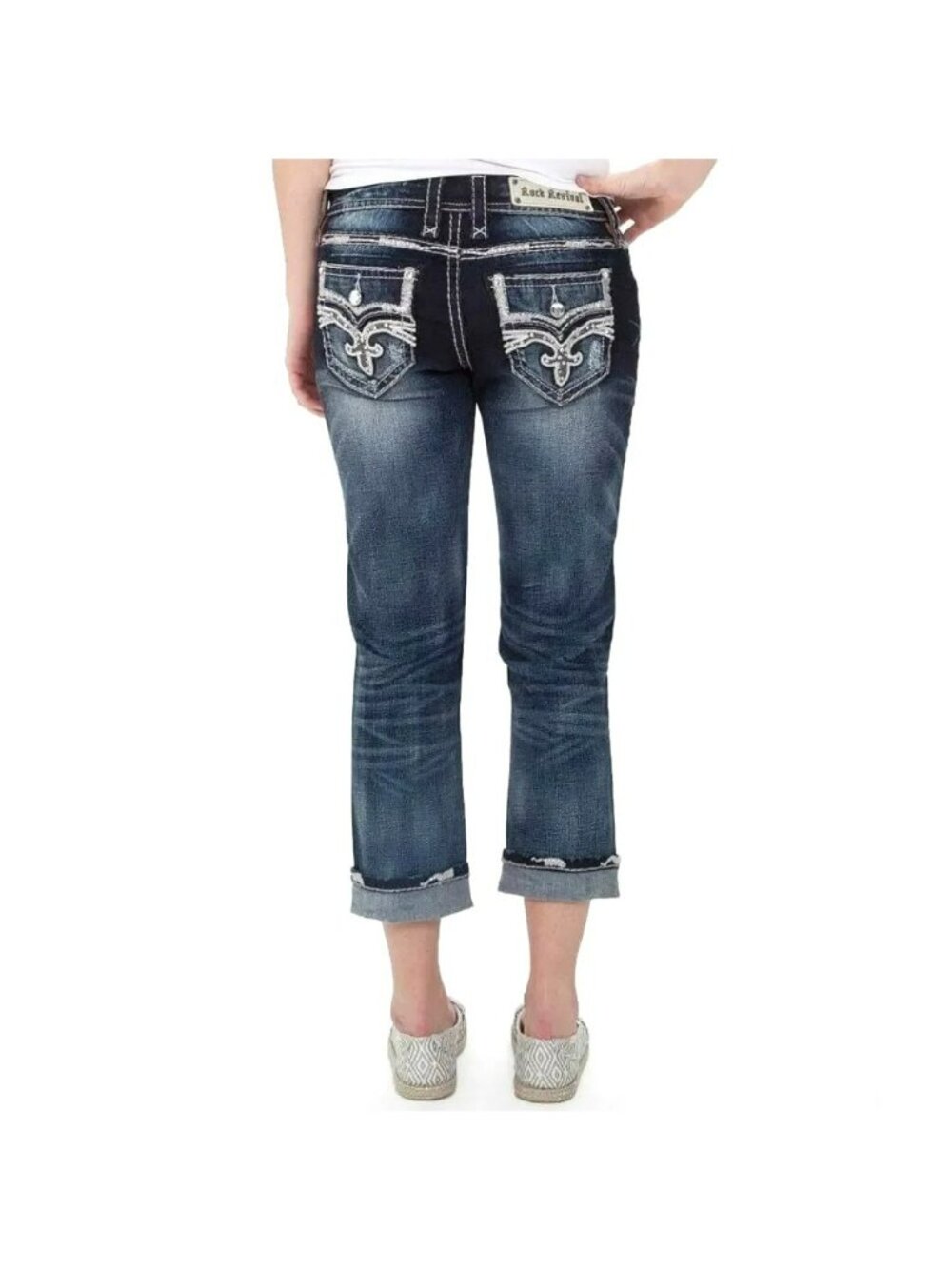 Rock Revival Ruella Easy Capri Distressed Jeans Womens 32 Blue